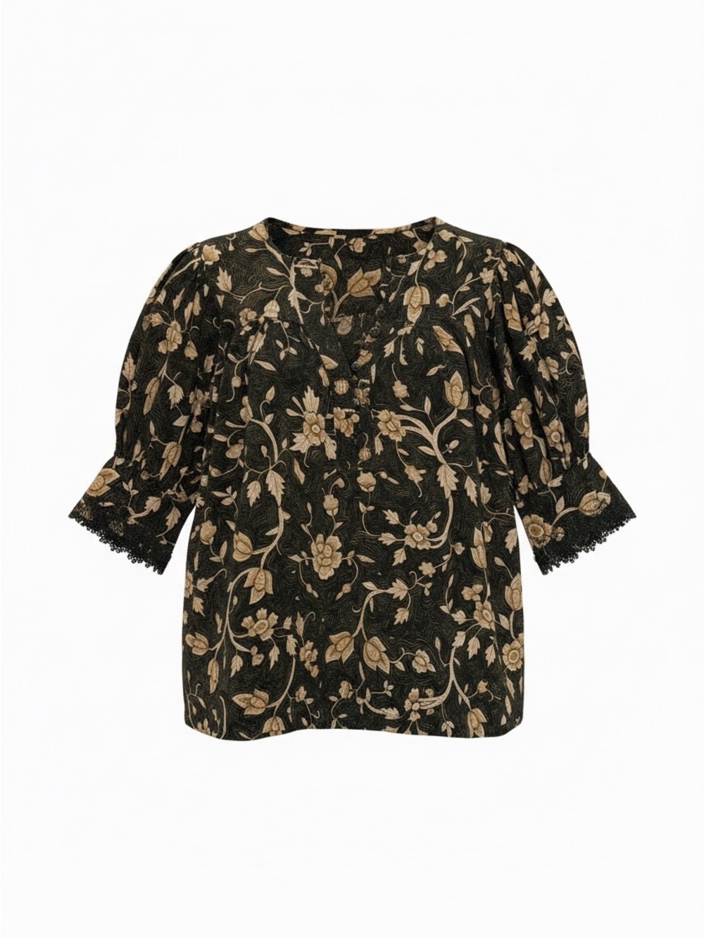 Ulla Johnson Dark Olive Floral Puff-Sleeve Blouse with Tan Print
